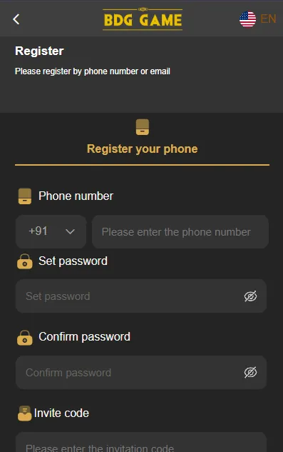 Registration screen on bdg